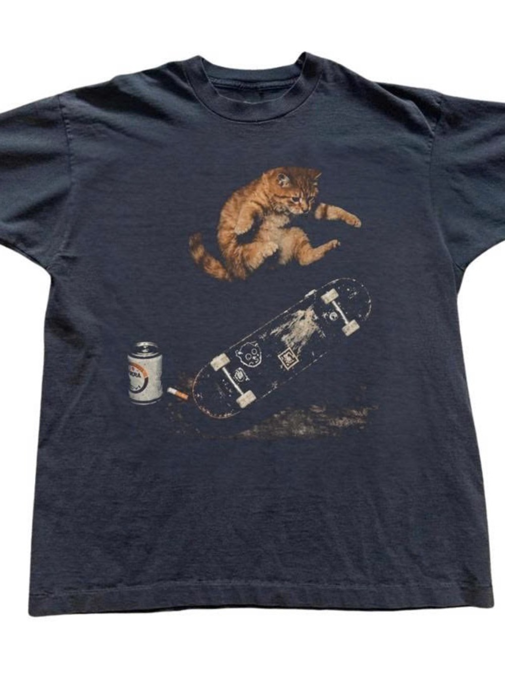 Cat Black Tee with Orange Cat Skateboard Graphic